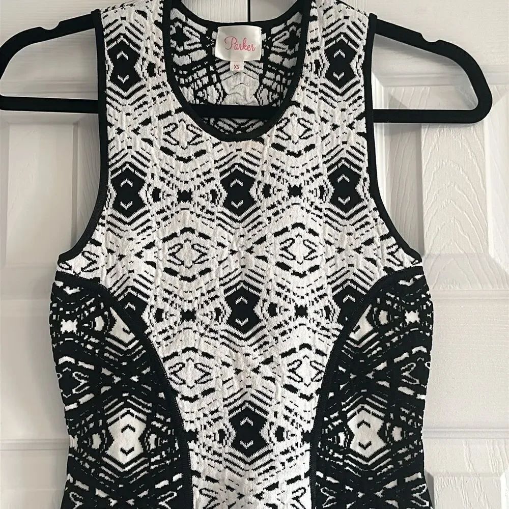 Parker Women’s Black & White Jacquard Fit & Flare Cocktail Holiday Dress Size XS - Picture 2 of 7